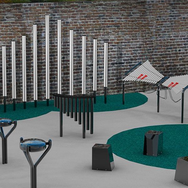 Rendered image of a selection of outdoor musical instruments in a playground