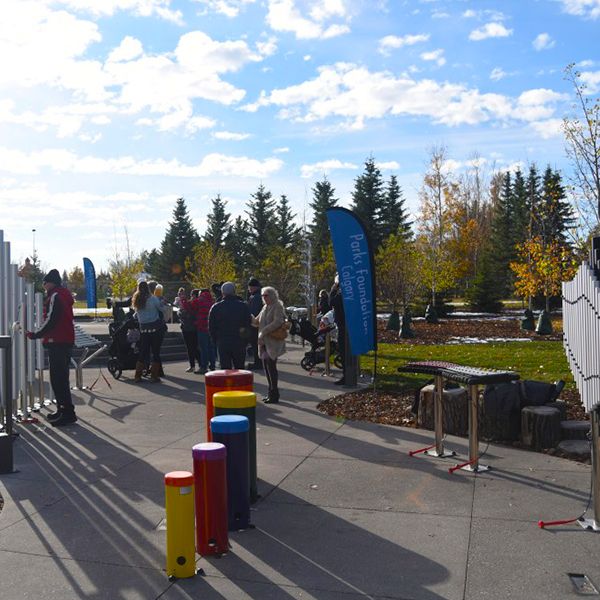 opening of the Quinterra Legacy Musical Garden in Calgary with musical chimes outdoor drums and outdoor xylophones