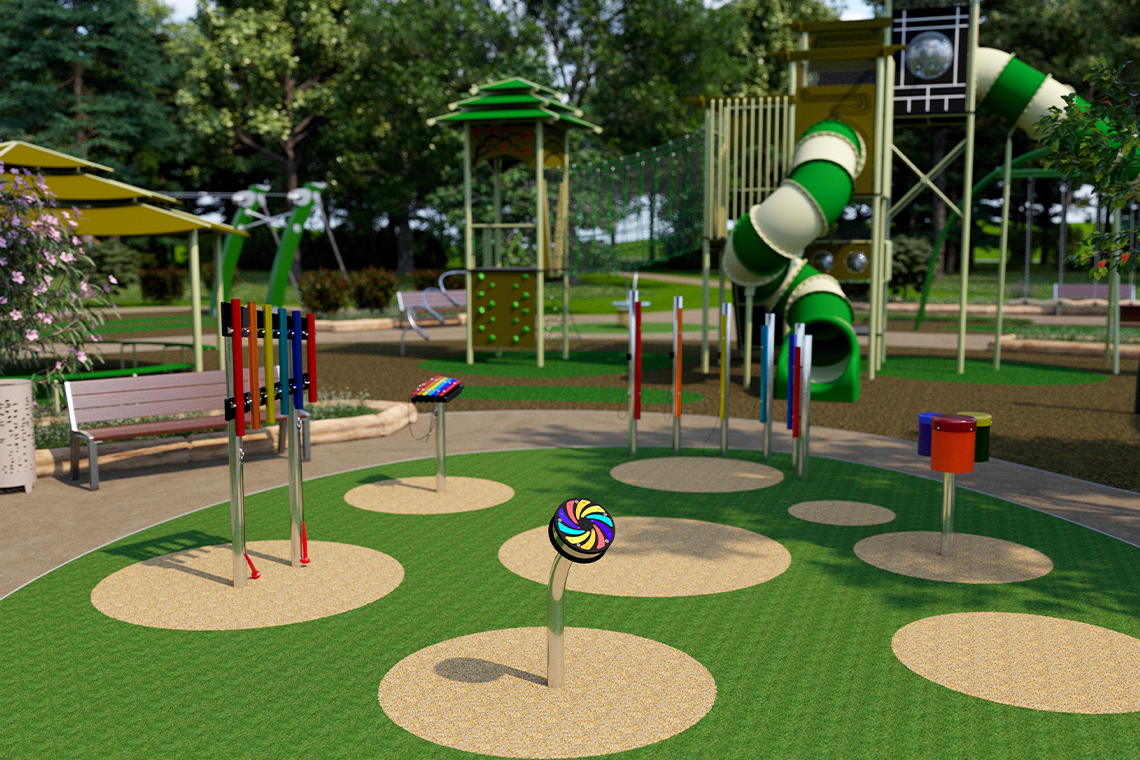 A colorful playground features musical play equipment on a green and beige soft surface. In the background, a green and white spiral slide is surrounded by trees and benches. Vibrant and inviting atmosphere.