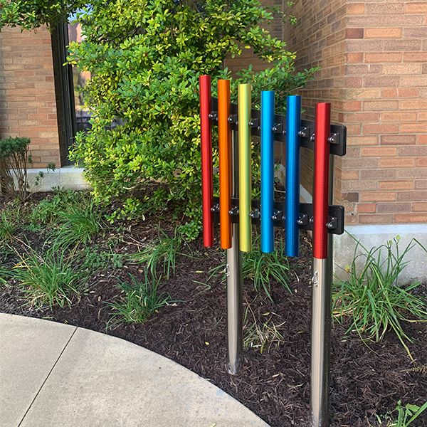 outdoor musical chimes in rainbow colours at the  laclede groves senior living facility