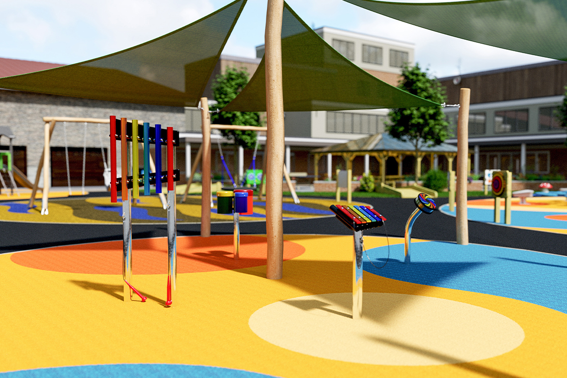 Colorful playground with musical instruments, shaded by green sails. Bright circles on the ground, framed by a modern building and trees. Playful and vibrant.