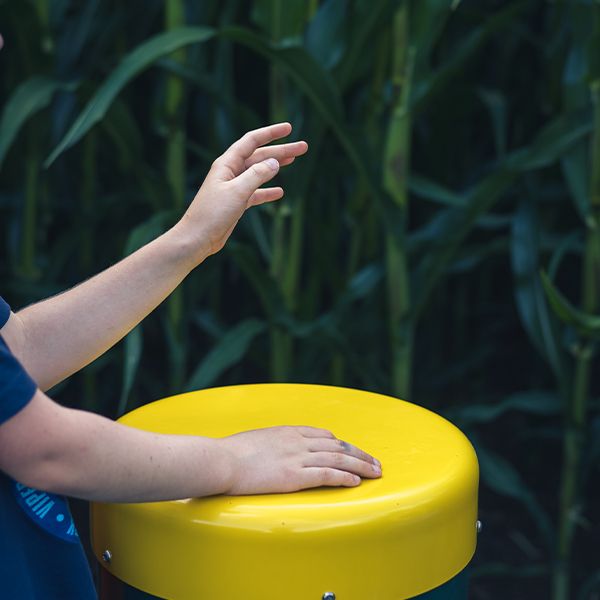 a round yellow drum lid being struck by a pair of hands 