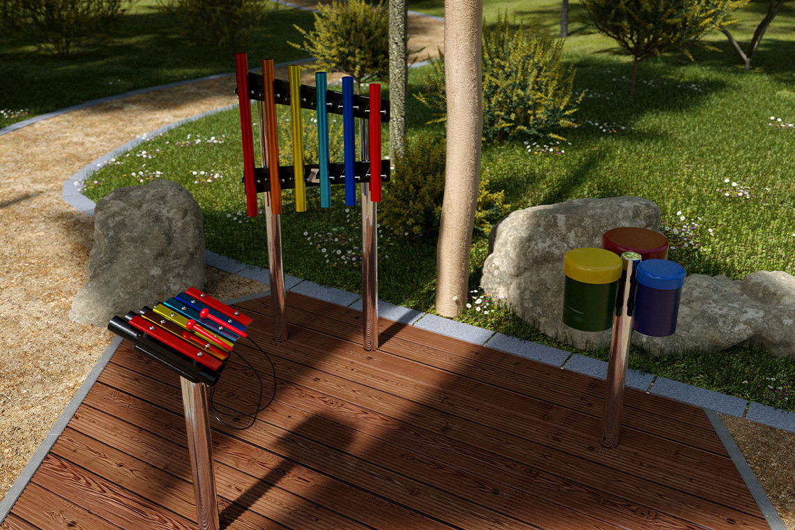 Colorful small outdoor musical instruments, including a xylophone and drums, set in a green park with trees and flowers.