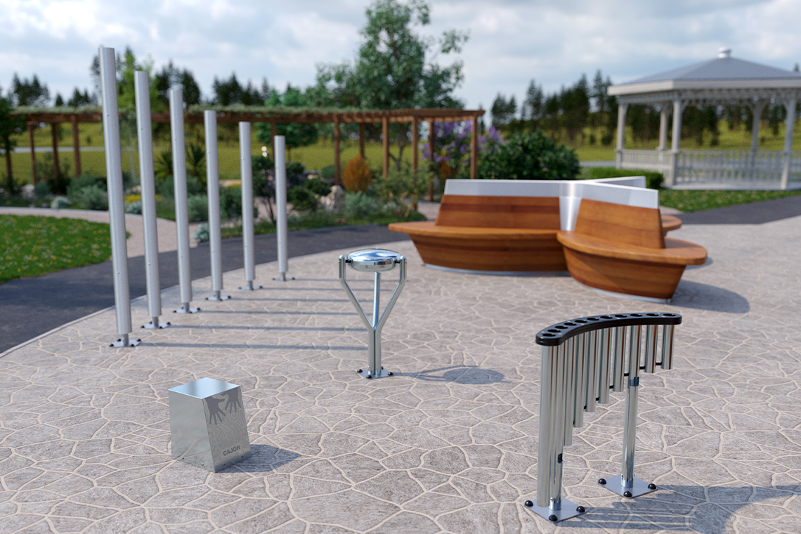 a visualisation image of outdor musical instruments in a street scene