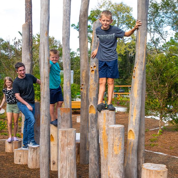 children climbing on a play structure made of log stumps at the Florida Botanical Gardens