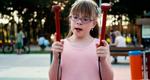 A young girl with downs syndrome playing an outdoor musical instrument with a lady