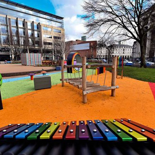  view of the rainbow xylophone inclusive music park in cathedral gardens, Belfast, Northern Ireland