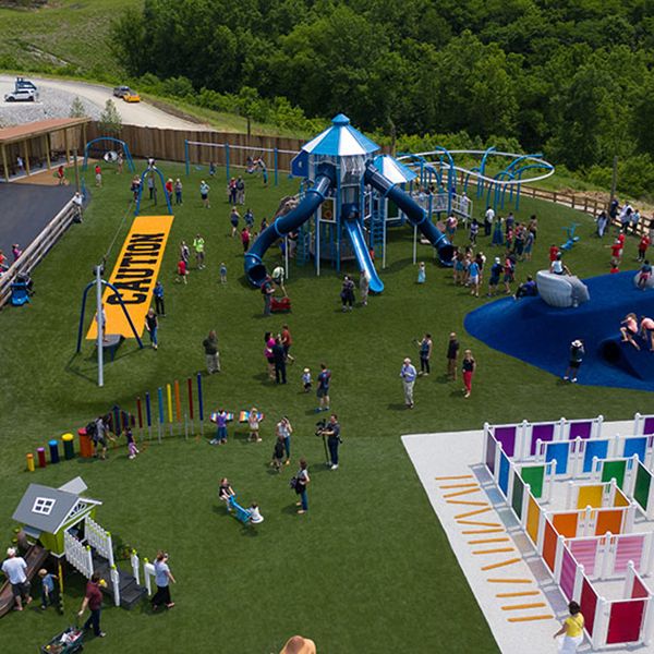 Aerial photo of the Ark Encounter Playground featuring outdoor musical instruments and zip lines