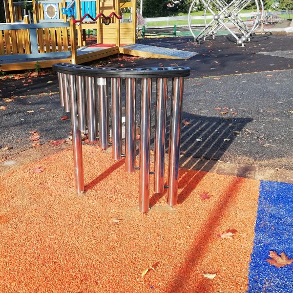 Handpipes - a stainless steel outdoor musical pipe instrument played with the hands in the musical playground in finland