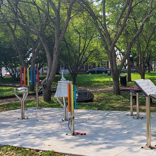 large colorful outdoor musical instruments in a memorial park dedicated to a young boy called Gavin