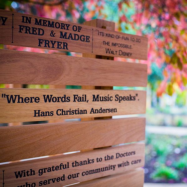 Quote from Hans Christina Anderson 'where words fail, music speaks' on a plaque in the Aldeburgh Hospital Sensory Garden