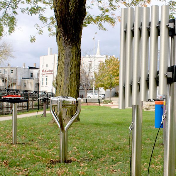 three outdoor musical instruments on the beaver dam rotary riverwalk