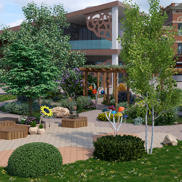 A vibrant garden featuring diverse plants, colorful musical sculptures, and seating areas, with a modern building in the background.