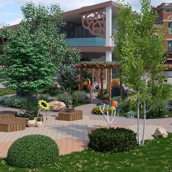 A vibrant garden featuring diverse plants, colorful musical sculptures, and seating areas, with a modern building in the background.