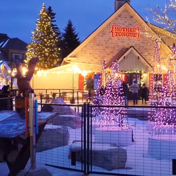 Percussion Play Rainbow Pentapost in front of several lit Christmas trees in the Blue Mountain village