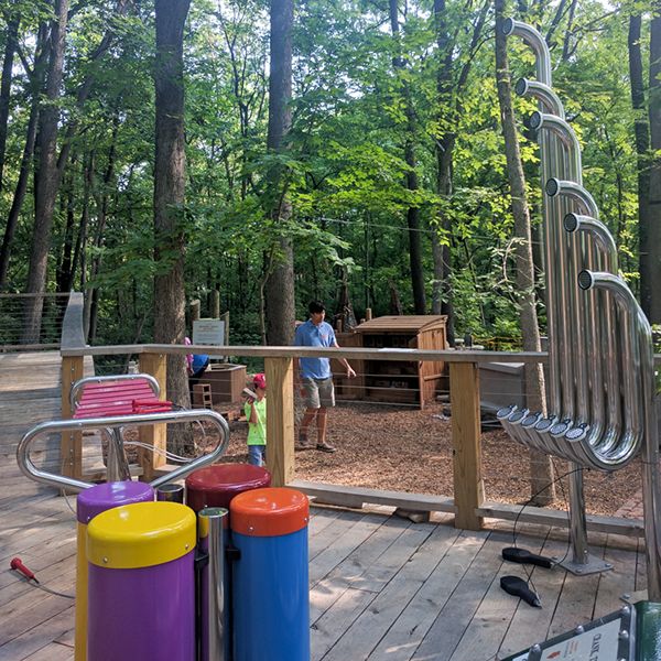 image of the outdoor musical instruments at the Treetop Outpost at Conner Prairie History museum