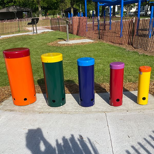 a set of five outdoor musical drums in the Sheboyan Music Park