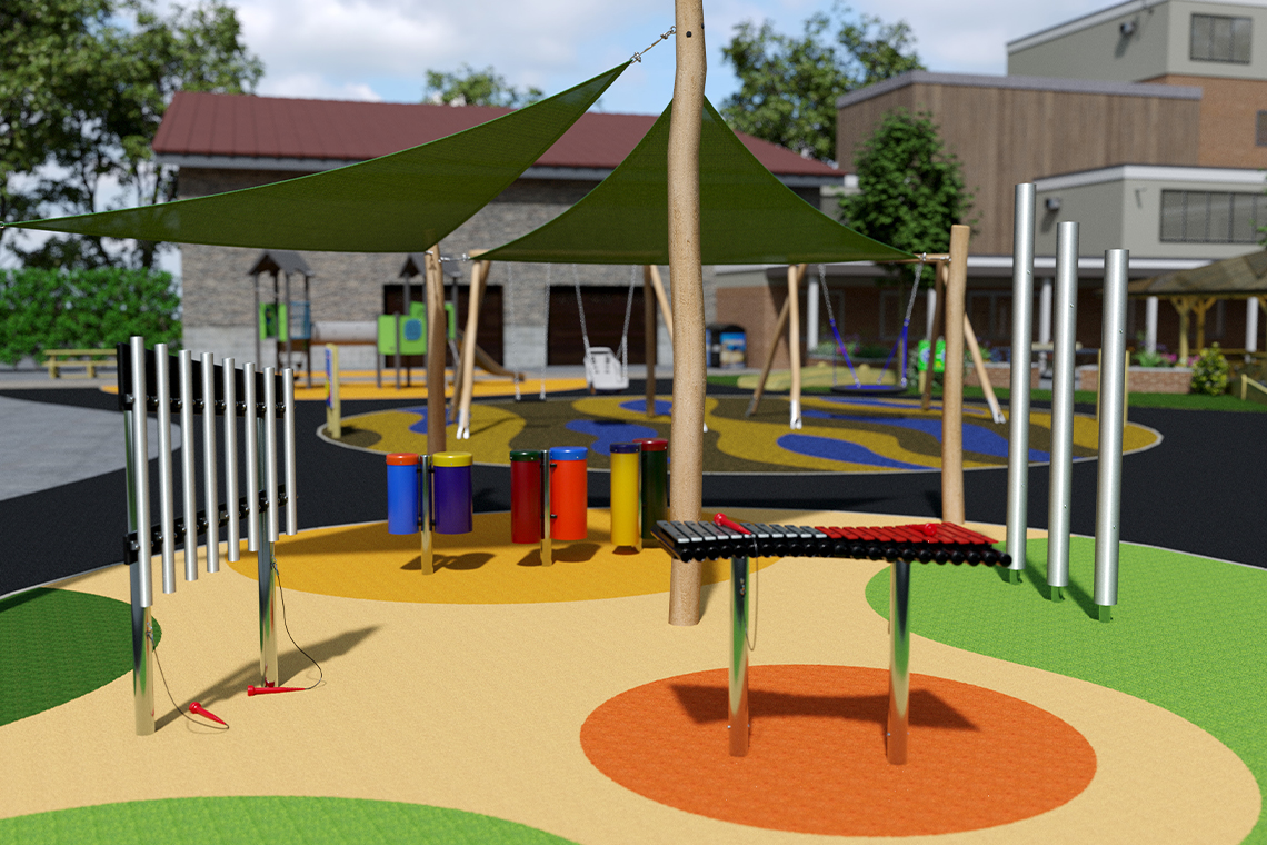 a visualisation image of outdor musical instruments in a playground scene