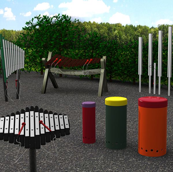 Rendered image of a selection of outdoor musical instruments in a playground