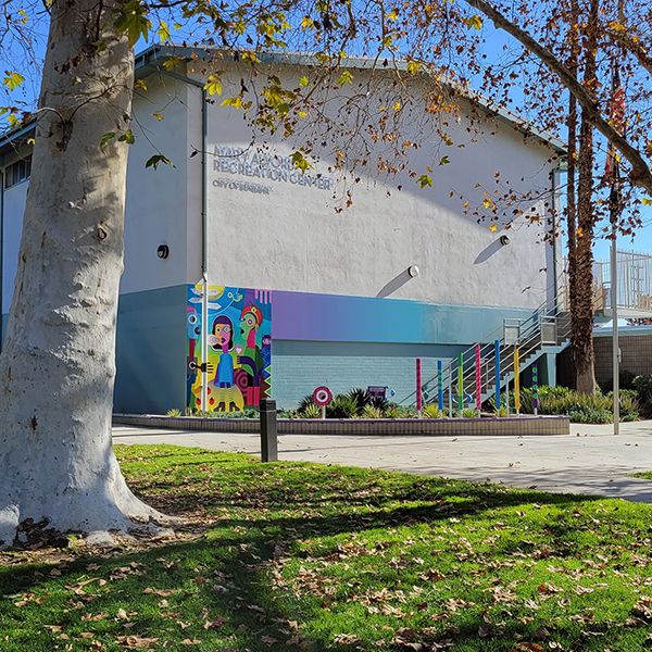 the new music and artwork outside the verdugo park and aquatic center in city of burbank, californai