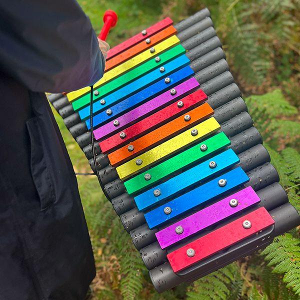 a rainbow colored outdoor xylophone 