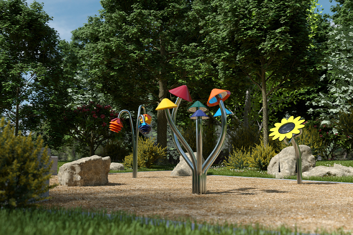 a visualisation image of outdor musical instruments in a woodland scene