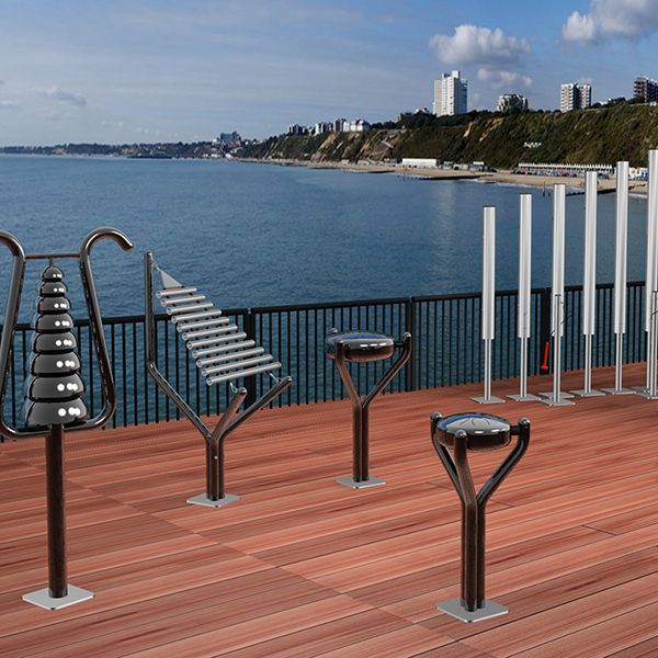 Rendered image of a selection of outdoor musical instruments in a playground