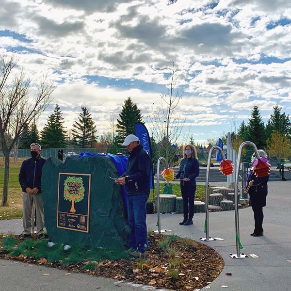 opening of the Quinterra Legacy Musical Garden in Calgary with musical chimes outdoor drums and outdoor xylophones