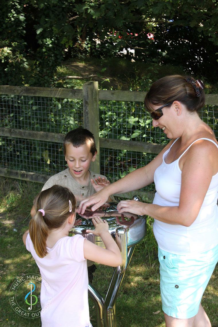 Lady and Two Small Children Playing Stainless Tongue Drum in Park