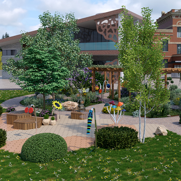 Colorful music park scene with playful outdoor musical sculptures and benches surrounded by lush greenery. Trees and flowers frame a vibrant, inviting path.