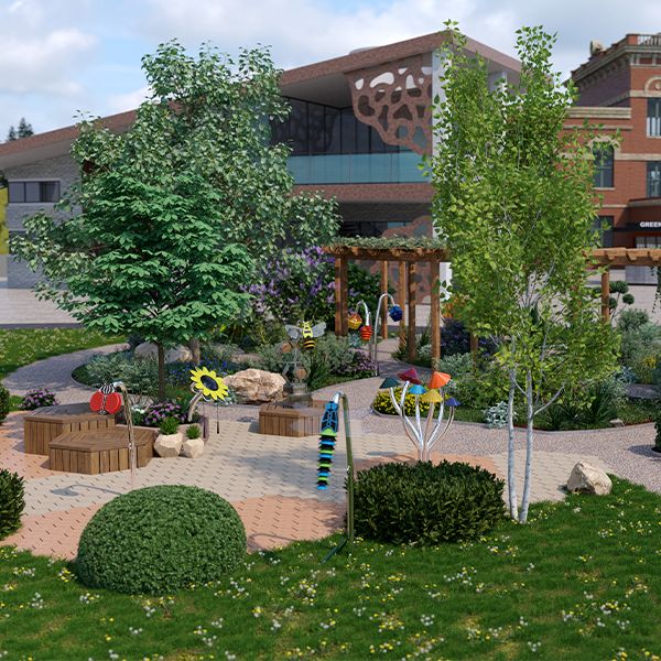 Colorful music park scene with playful outdoor musical sculptures and benches surrounded by lush greenery. Trees and flowers frame a vibrant, inviting path.