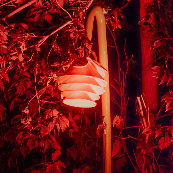 A musical flower bell in a sculpture garden lit up in red lights