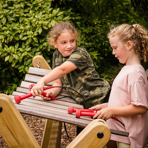 two teenage girls leaning on a wooden outdoor xylophone holding red mallets