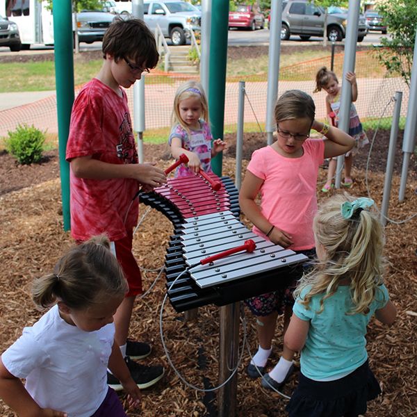 a group of children at the children's healing center standing around the new outdoor xylophone in the garden