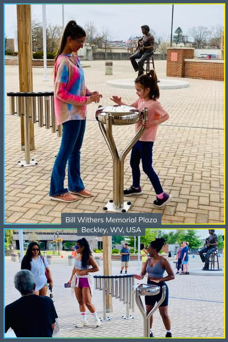 photos of the Bill Withers memorial music plaza with outdoor musical instruments and a statue of Bill