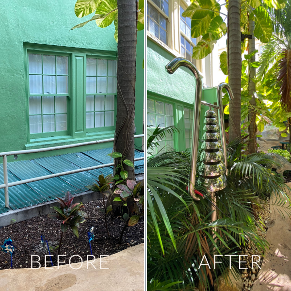 image showing before and after a large reflective stainless steel bell lyre instrument was installed in the palm beach children's hopsitals music garden