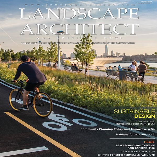 Front cover of the January 2019 edition of Landscape Architect magazine featuring the music park at Frisco Lake Park, Kansas