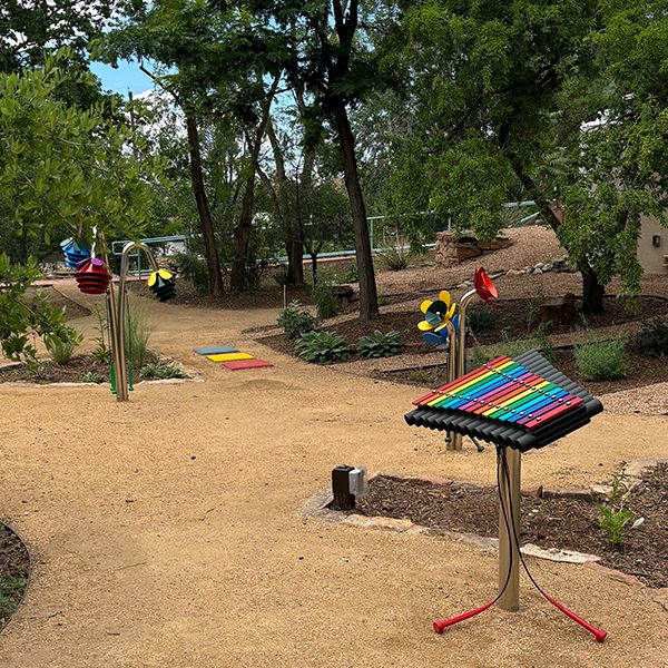 Image of outdoor musical instruments at the new music garden in Santa Fe Children's Museum