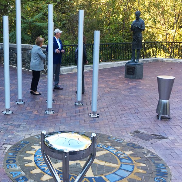 image of the outdoor stainless steel drums and chimes in the new Rotary music park in Wilmington Delaware USA