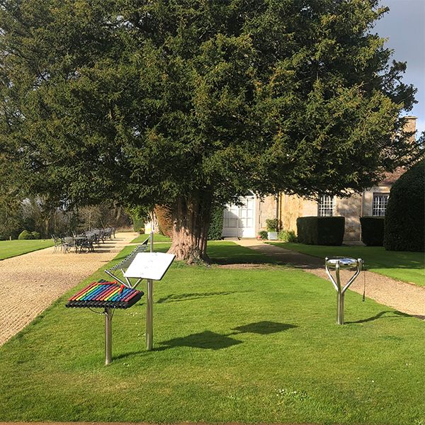 outdoor musical instruments installed in the Music Garden at north cadbury court