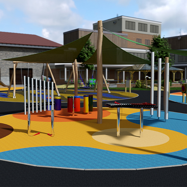 Colorful outdoor playground featuring musical instruments under a shaded canopy, surrounded by circular play areas and a backdrop of buildings.