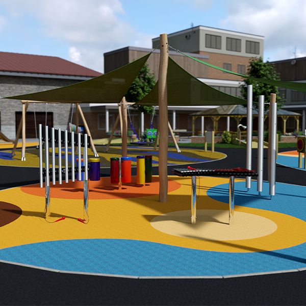 Colorful outdoor playground featuring musical instruments under a shaded canopy, surrounded by circular play areas and a backdrop of buildings.