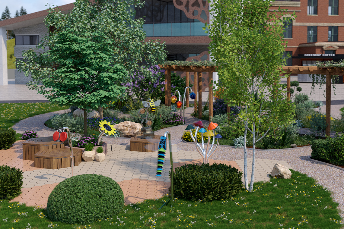 A vibrant garden featuring colorful outdoor musical sculptures with musical flowers, dragonfly, bumblebee, mushrooms and bugs, plus wooden benches, and lush greenery under a sunny sky. A coffee shop and pergola are in the background.