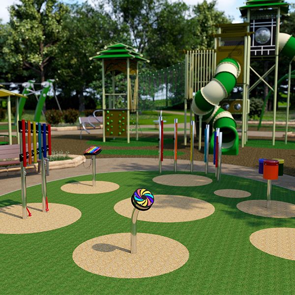 A vibrant playground features musical instruments, a multicolored swirl post, and a green spiral slide. Benches and trees add a lively, inviting atmosphere.