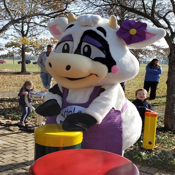 Mascot and Library Ambassador Violet the Cow playing on the outdoor musical instruments at new music garden at the Pickerington Library Music Garden 