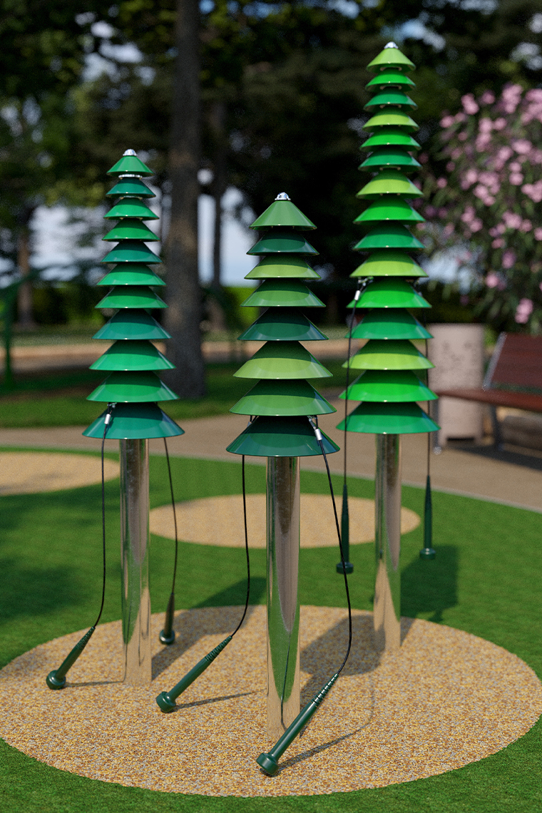 a rendered image of three green bell trees of varying height with attached mallets and in a park setting