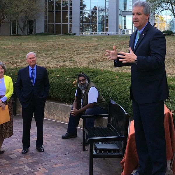 Mayor Mike Purzycki at the opening ceremony of the new outdoor musical park in Wilmingon Delaware