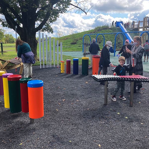 outdoor musical instruments being played in the music grove at lions pride park