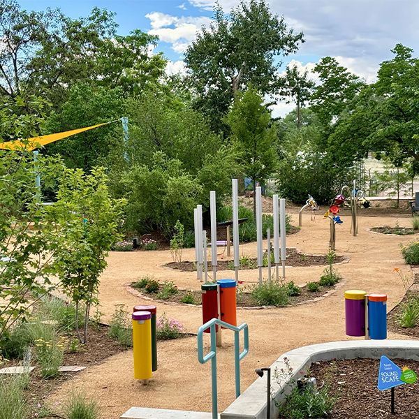 Image of outdoor musical instruments in the garden of Santa Fe Children's Museum