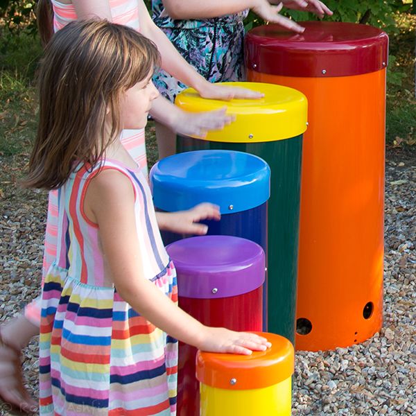 Close Up of the Five Outdoor Rainbow Sambas Drum Lids 